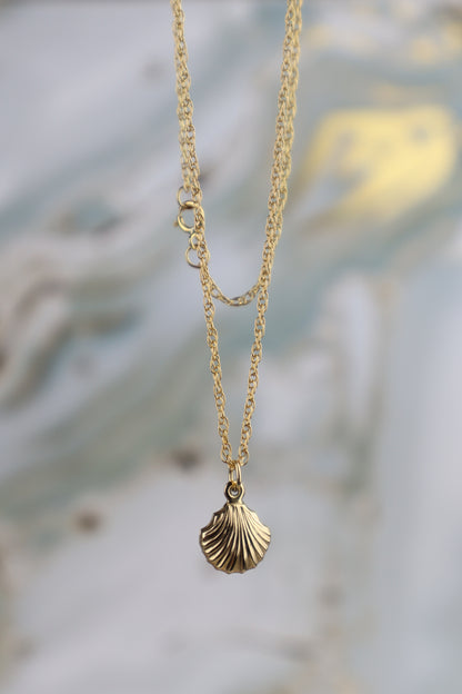 Gold necklace with a shell pendant on a blurred background