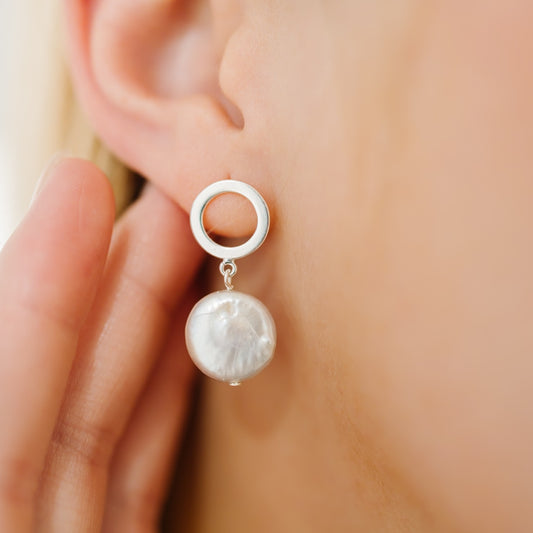 Coin Pearl Stud Dangle Earrings