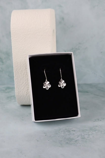 Dainty Plumeria Flower Dangle Earrings (Sterling Silver)