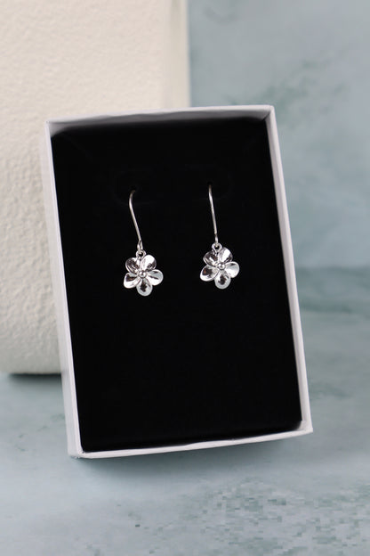 Dainty Plumeria Flower Dangle Earrings (Sterling Silver)