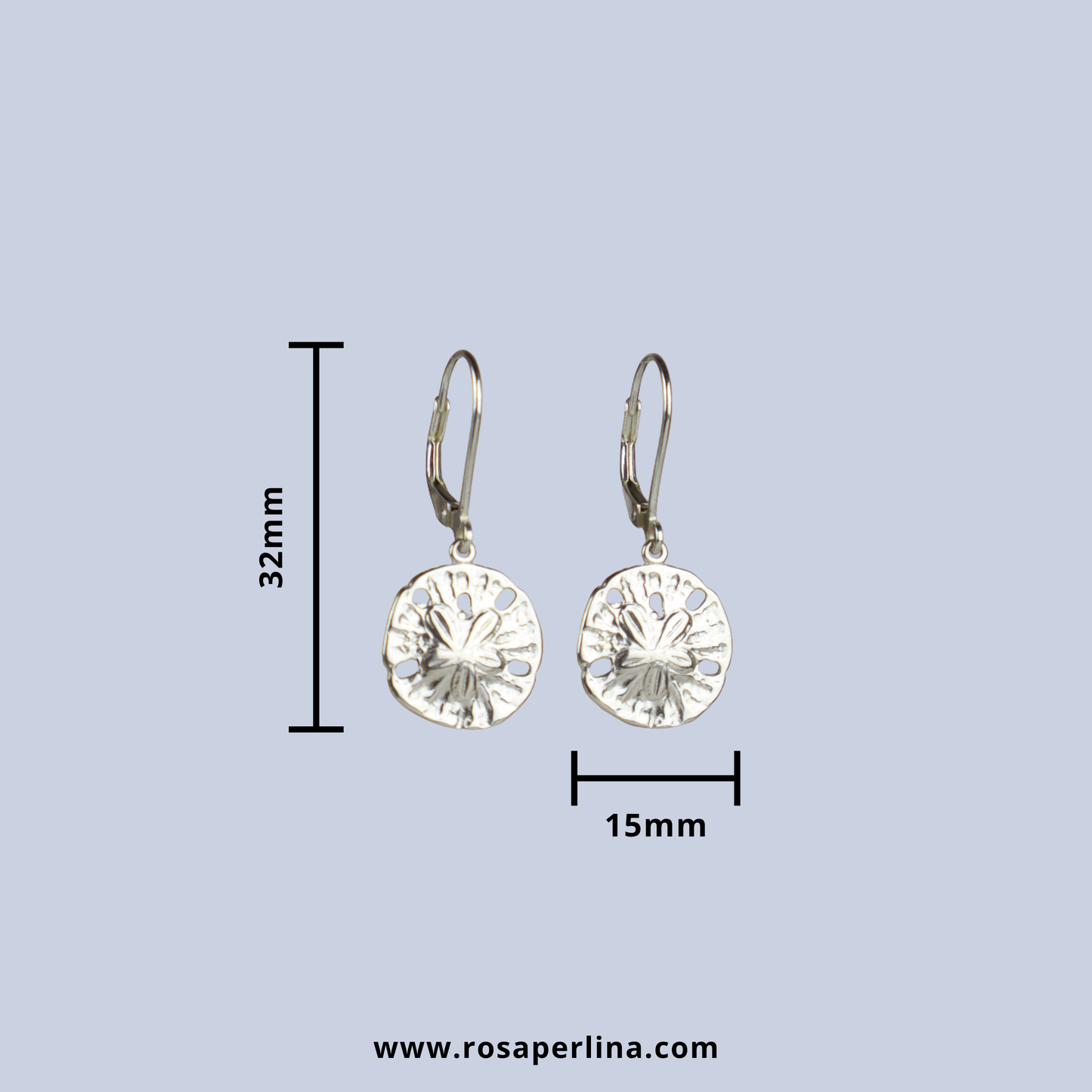 Silver earrings with measurements on a light blue background, featuring the brand 'Rosaperlina'.