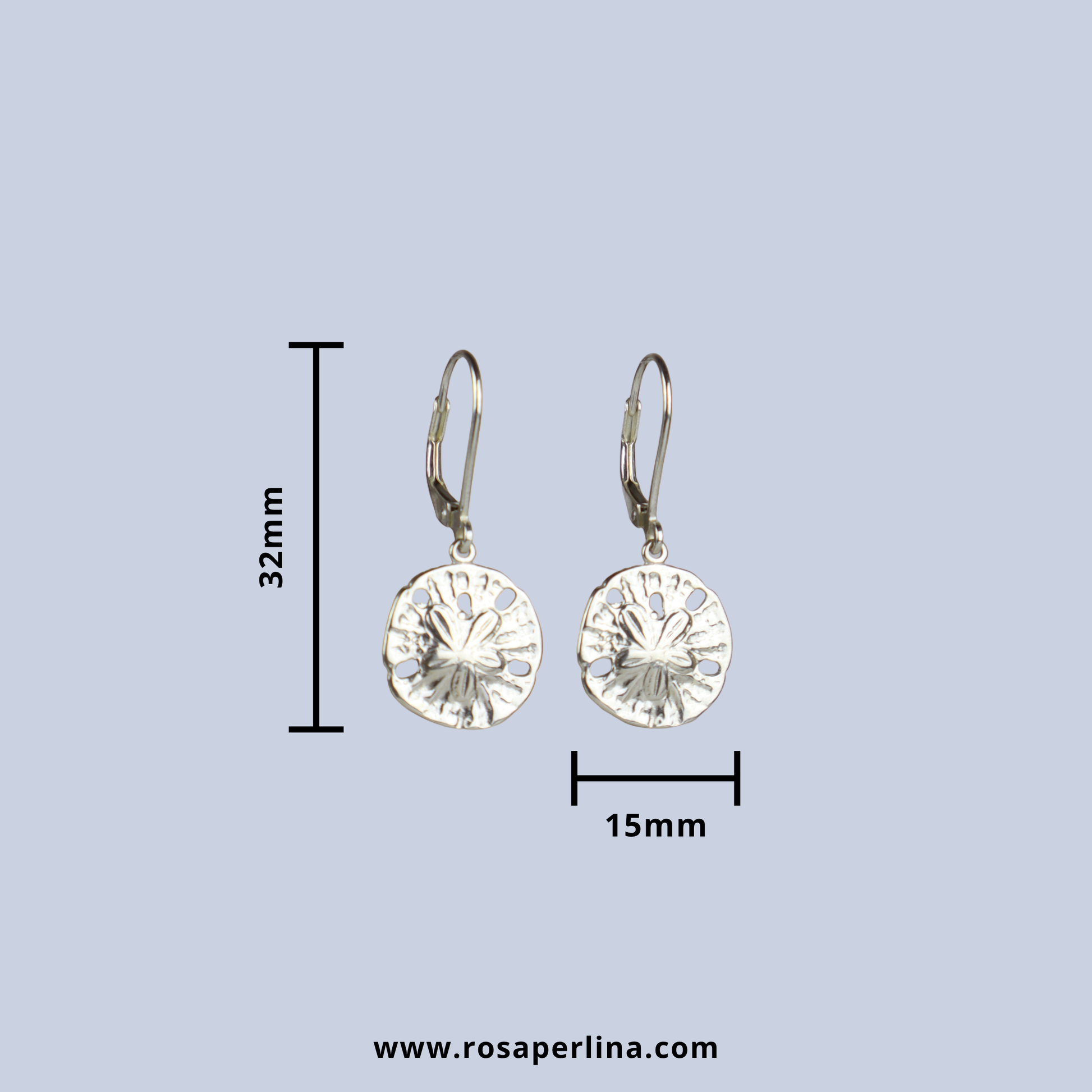 Silver earrings with measurements on a light blue background, featuring the brand 'Rosaperlina'.