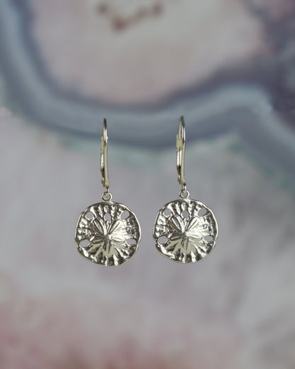 Silver sand dollar earrings on a blurred background