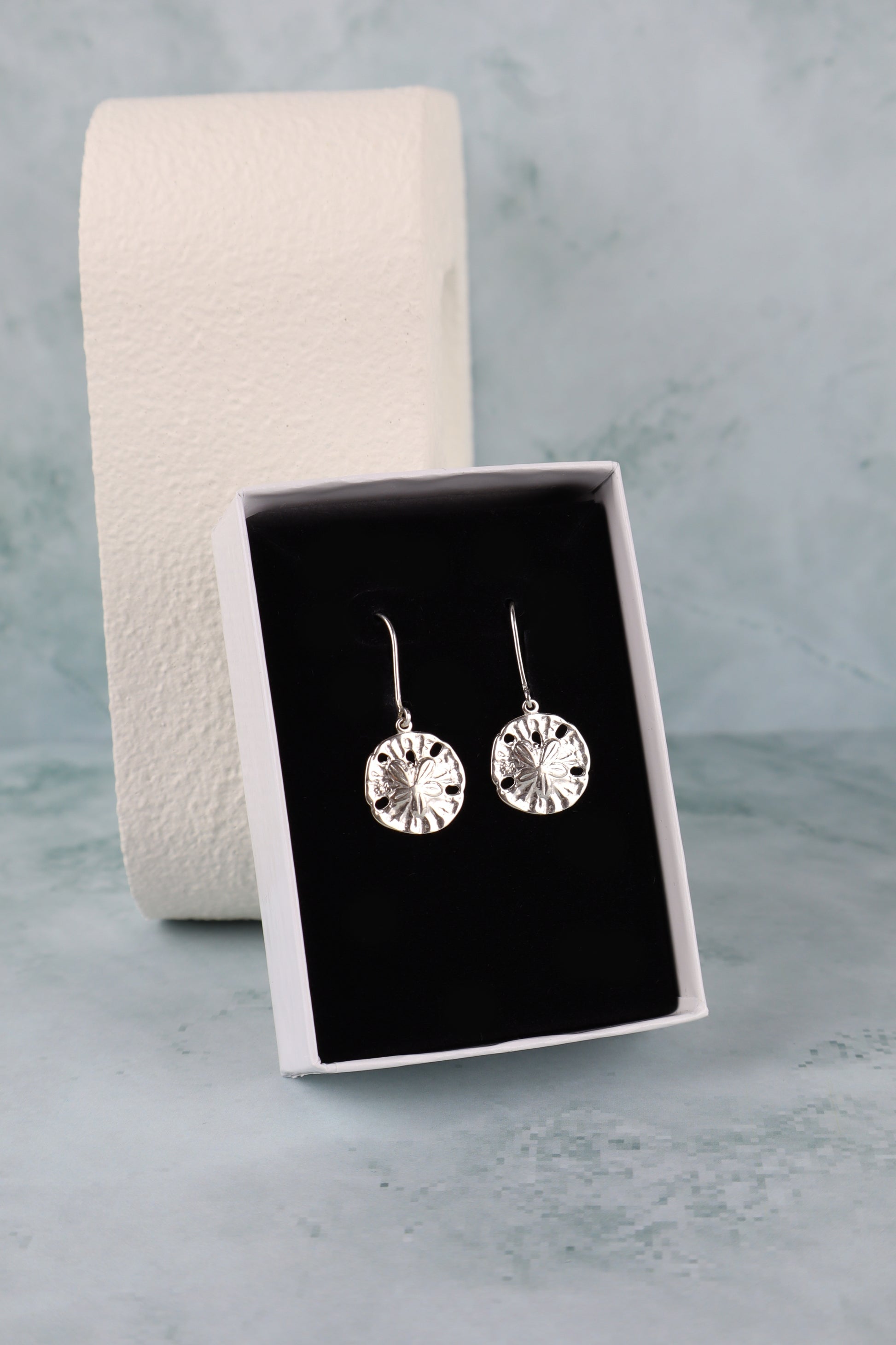 Silver sand dollar earrings in a black jewelry box on a light gray background