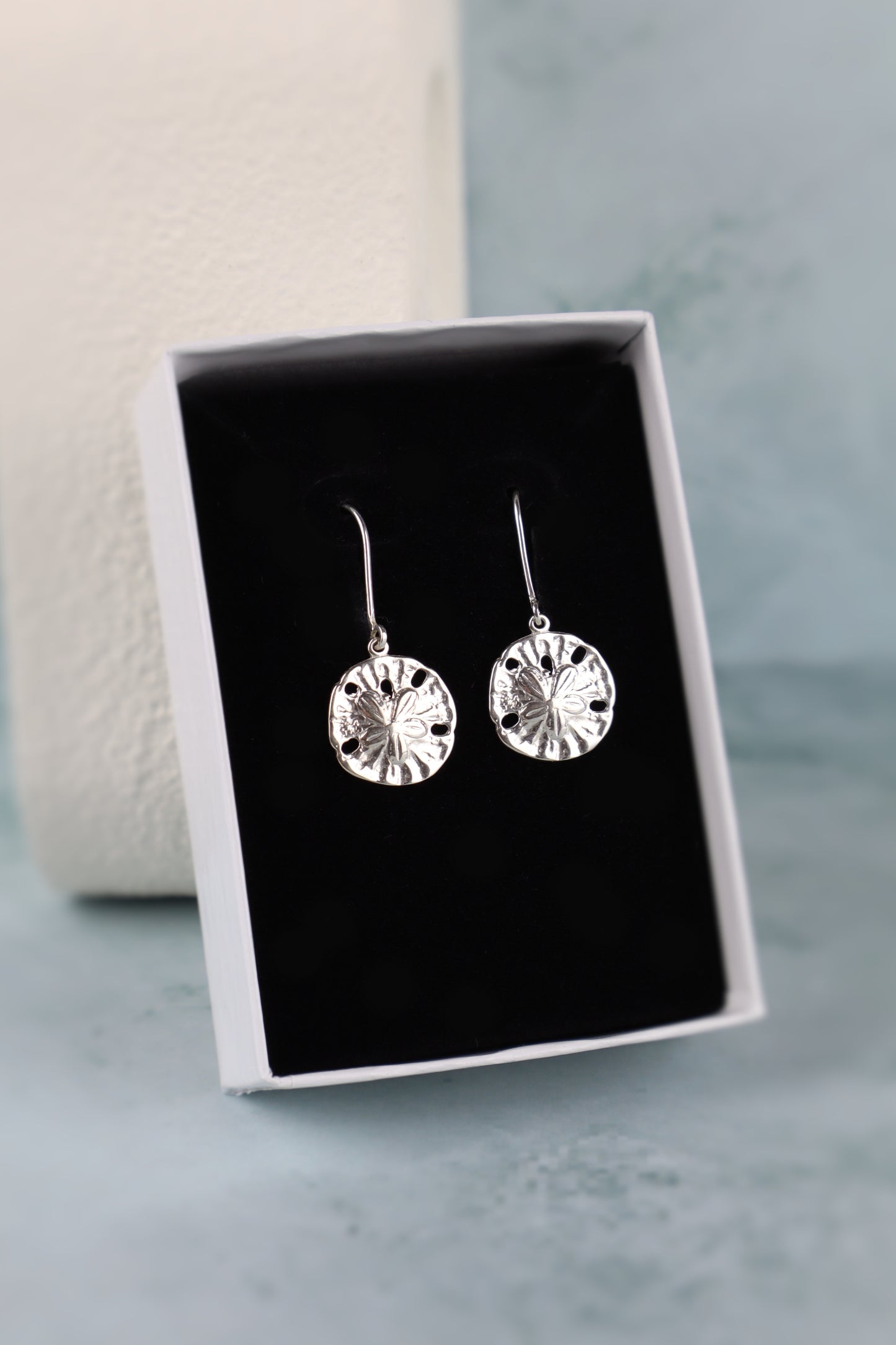 Silver sand dollar round earrings in a black jewelry box on a light blue background