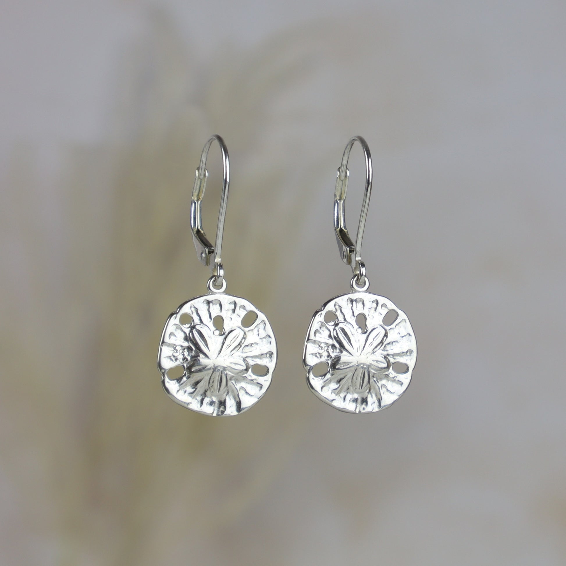 Pair of silver sterling sand dollars earrings on a blurred background