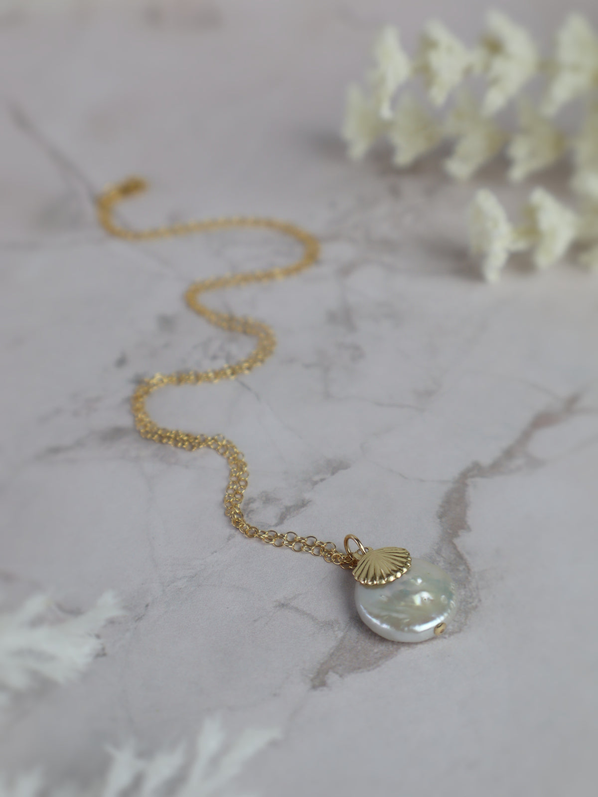 Gold Shell Pearl Pendant Necklace (14k Gold-Filled)
