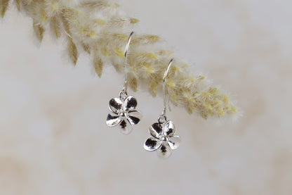 Dainty Plumeria Flower Dangle Earrings (Sterling Silver)