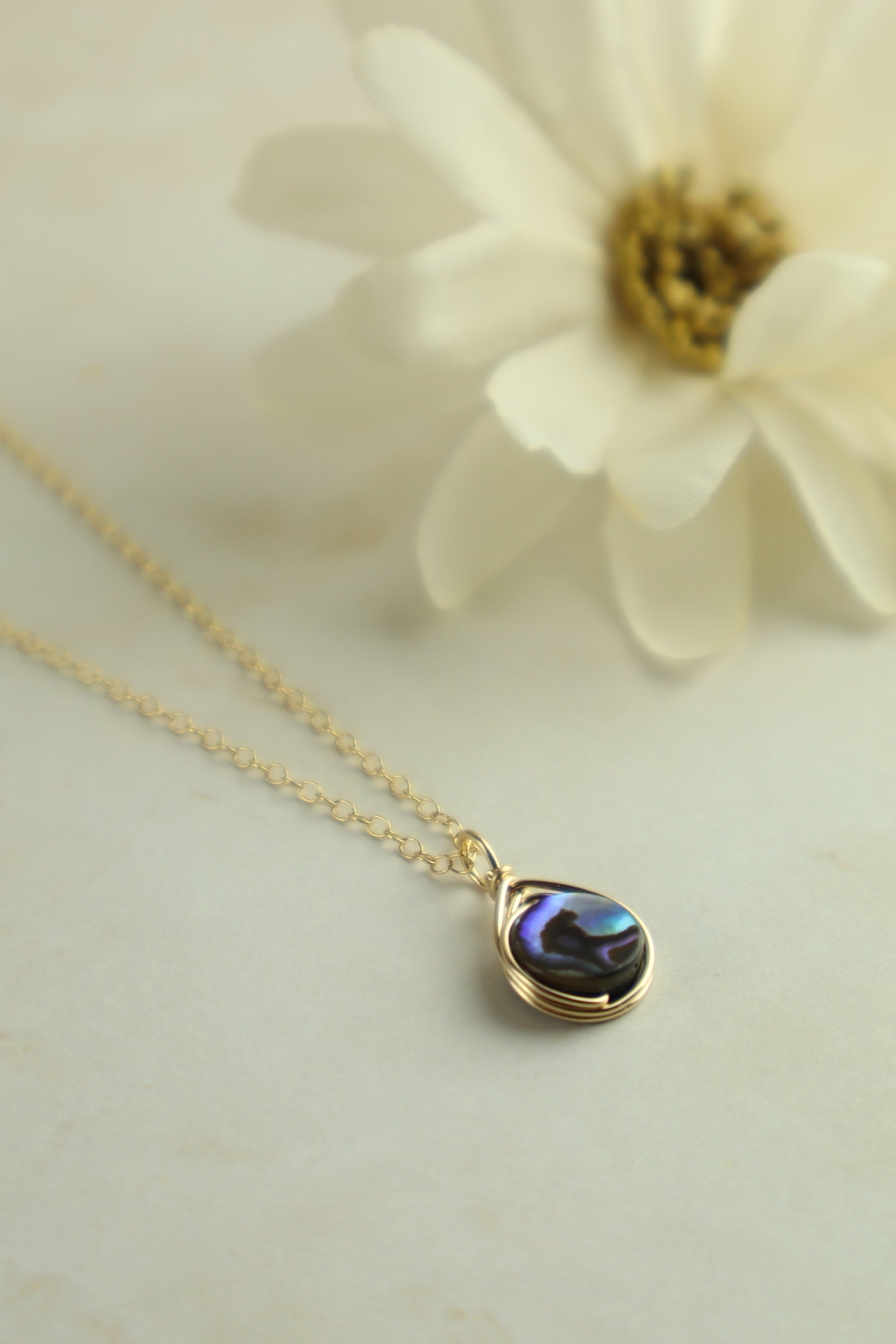 Gold necklace with a abalone pendant on a light background