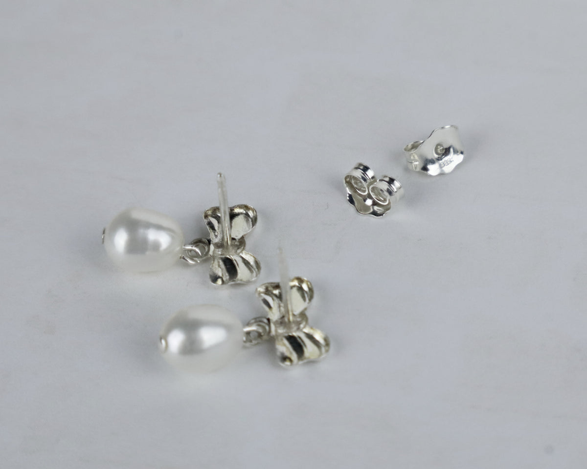 Pearl and Bow Stud Earrings (Sterling Silver) (14k Gold-Filled)