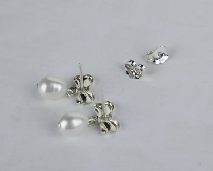Pearl and Bow Stud Earrings (Sterling Silver) (14k Gold-Filled)
