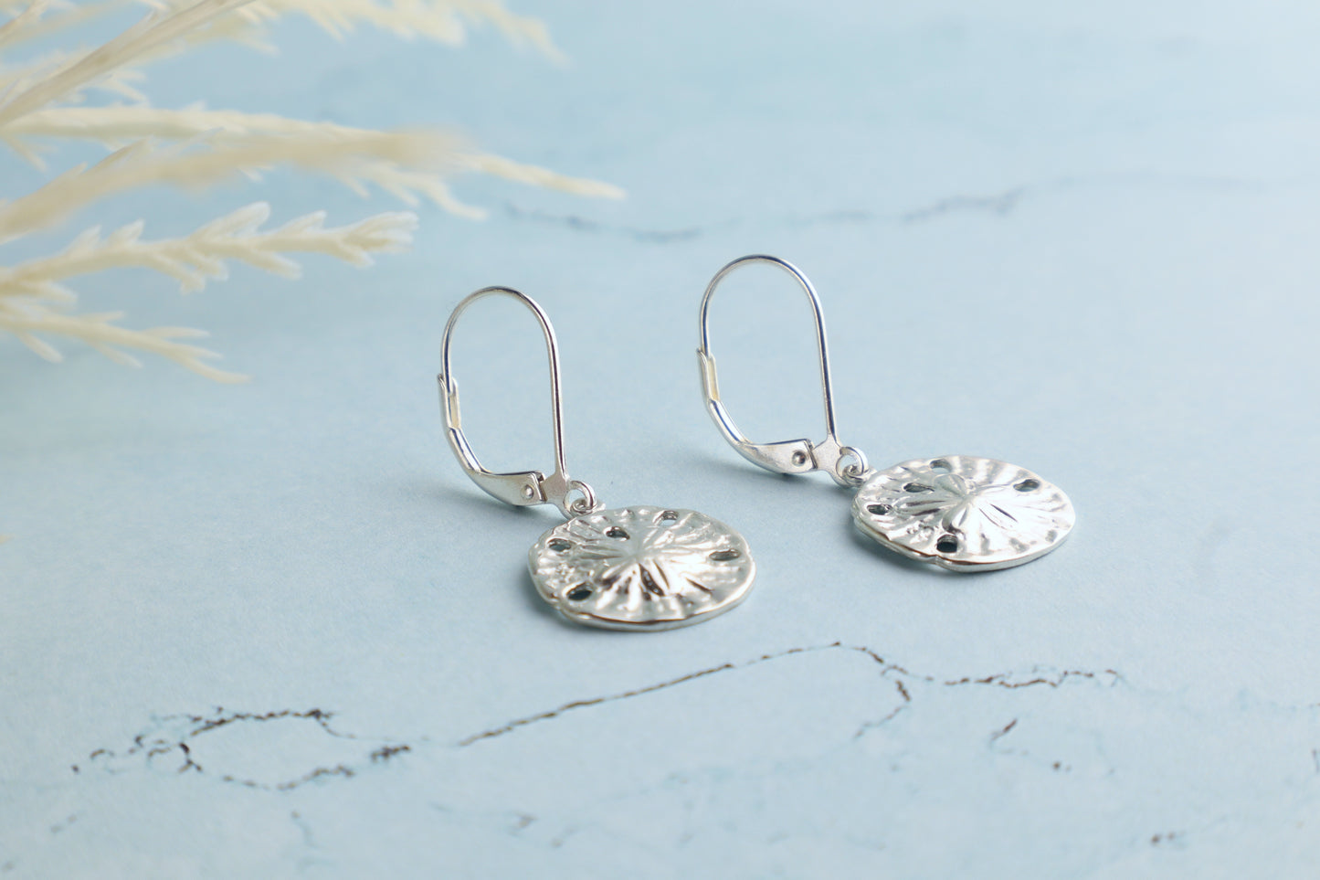 Silver sand dollar earrings on a light blue marble surface with grass in the background