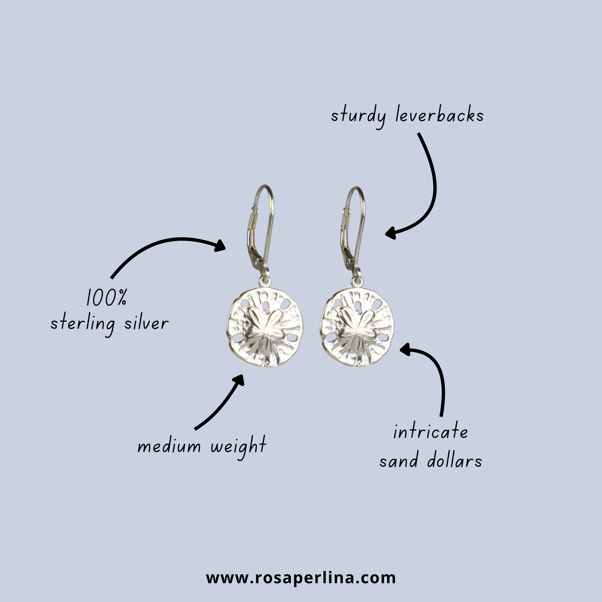 Silver earrings with sand dollar design on a light blue background, featuring text descriptions and a website URL.