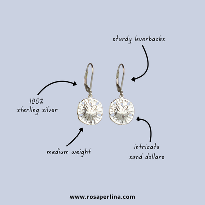 Silver earrings with sand dollar design on a light blue background, featuring text descriptions and a website URL.