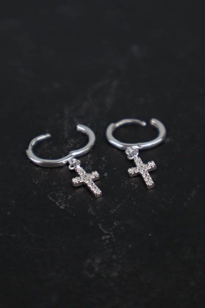 PRE ORDER! CZ Cross Huggie Hoop Earrings (Sterling Silver)