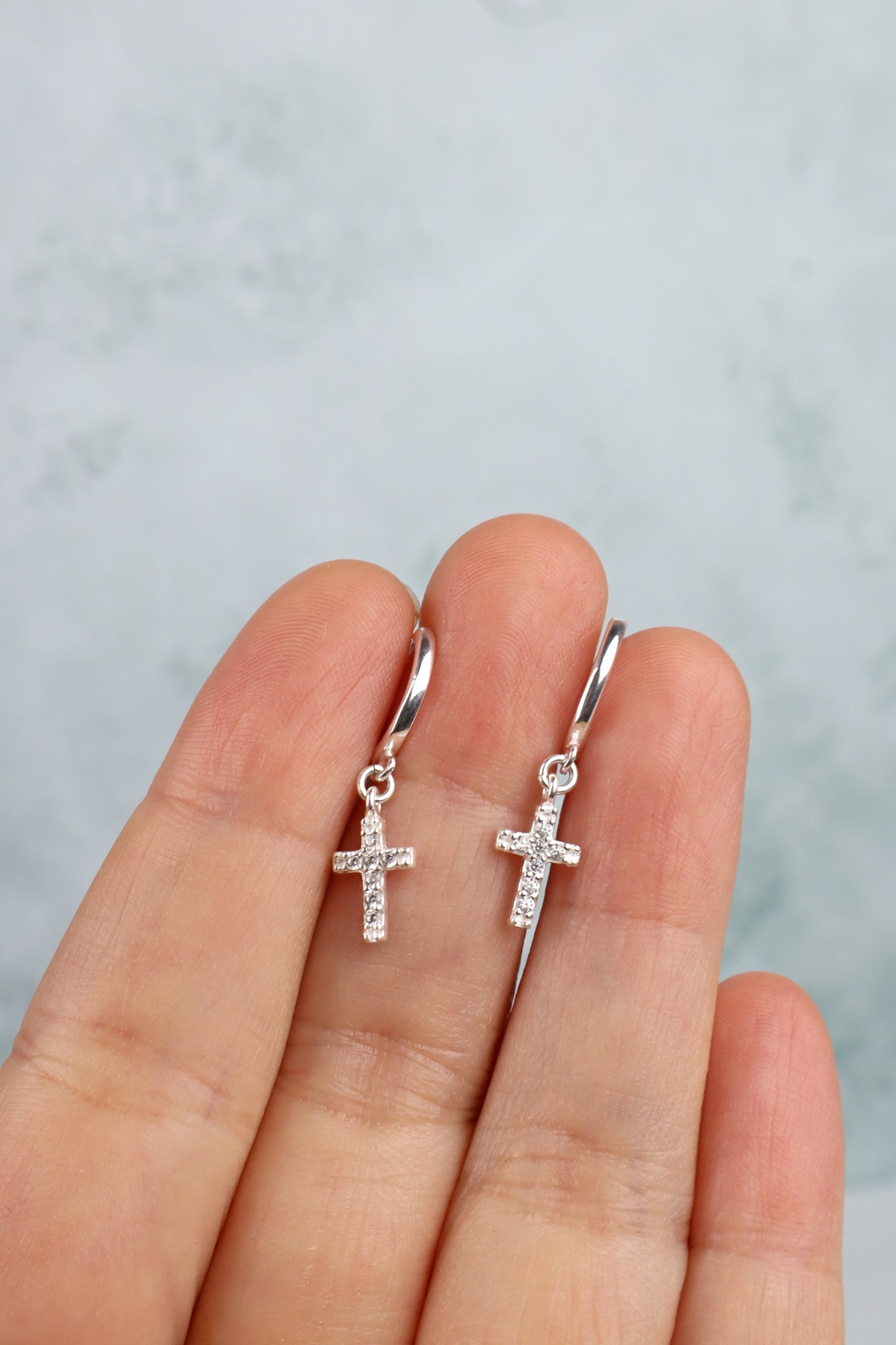 PRE ORDER! CZ Cross Huggie Hoop Earrings (Sterling Silver)