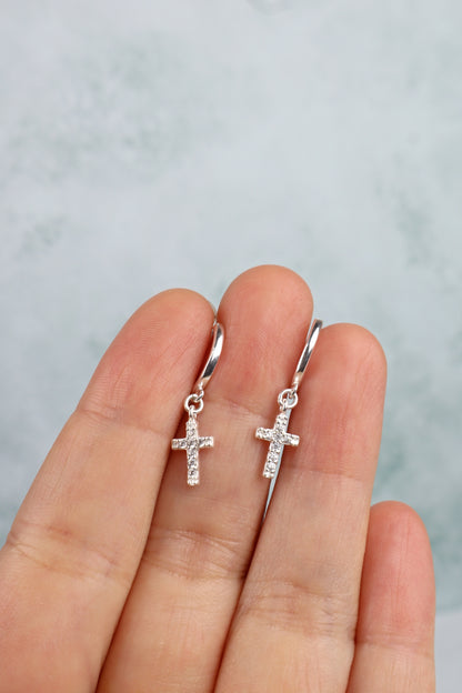 PRE ORDER! CZ Cross Huggie Hoop Earrings (Sterling Silver)