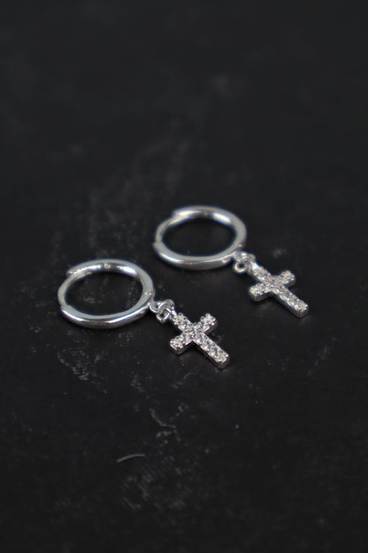 PRE ORDER! CZ Cross Huggie Hoop Earrings (Sterling Silver)