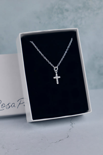 PRE-ORDER Dainty CZ Cross Pendant Necklace: Sterling Silver