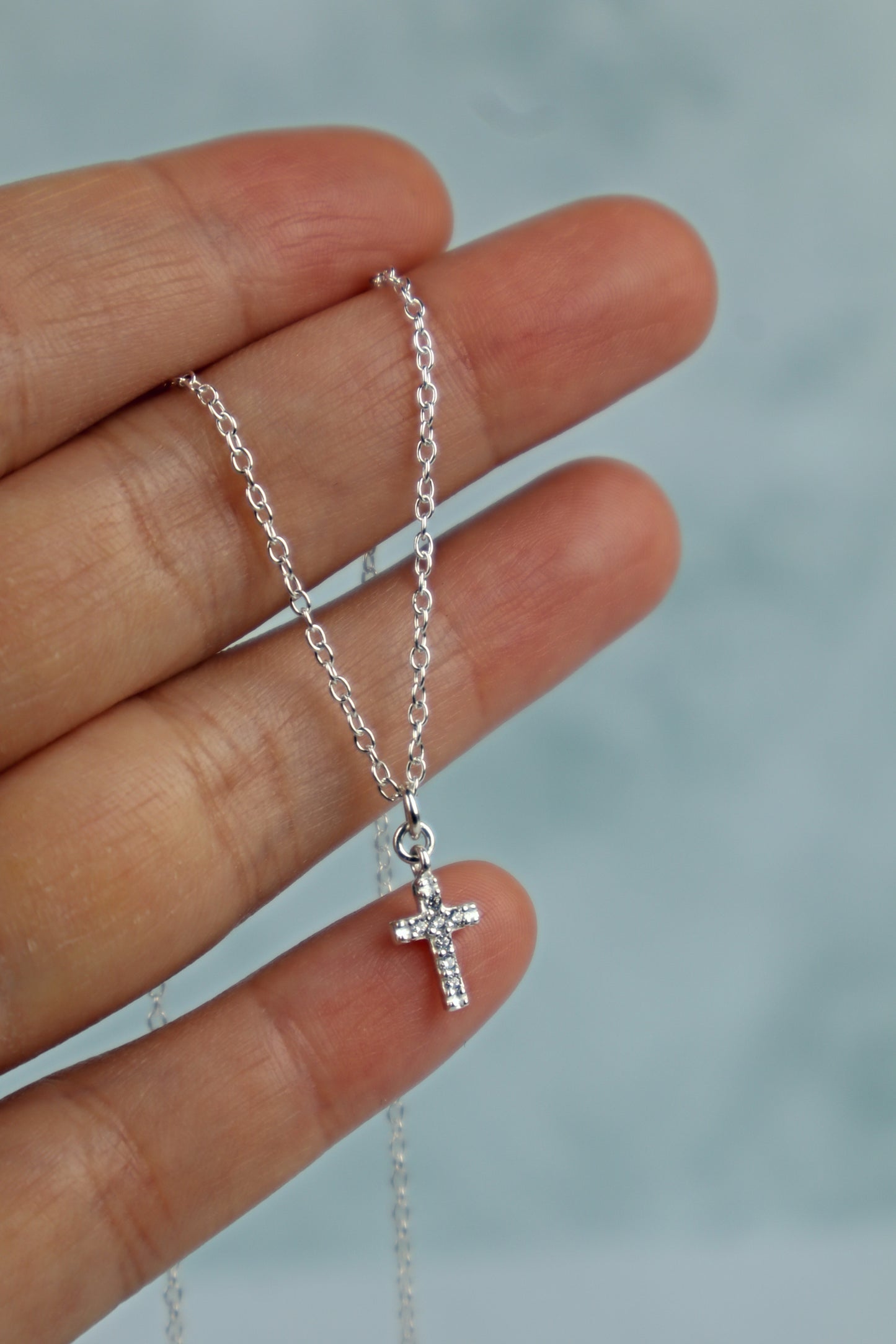 PRE-ORDER Dainty CZ Cross Pendant Necklace: Sterling Silver