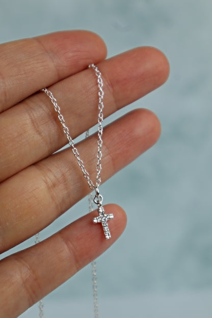 PRE-ORDER Dainty CZ Cross Pendant Necklace: Sterling Silver