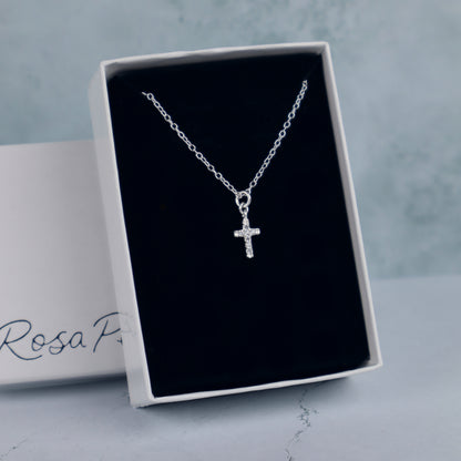 PRE-ORDER Dainty CZ Cross Pendant Necklace: Sterling Silver