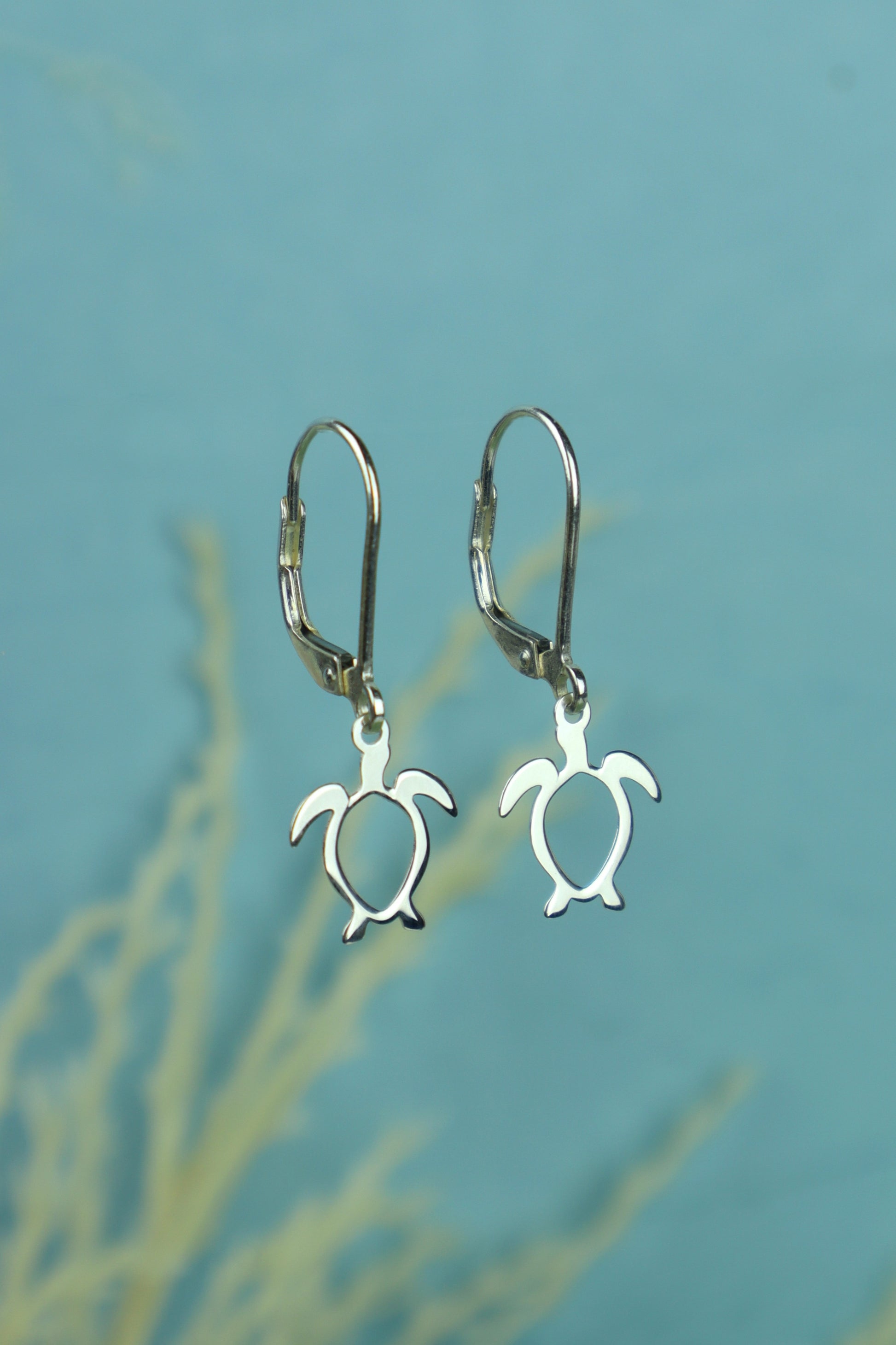 Silver turtle-shaped earrings on a blue background with seaweed.