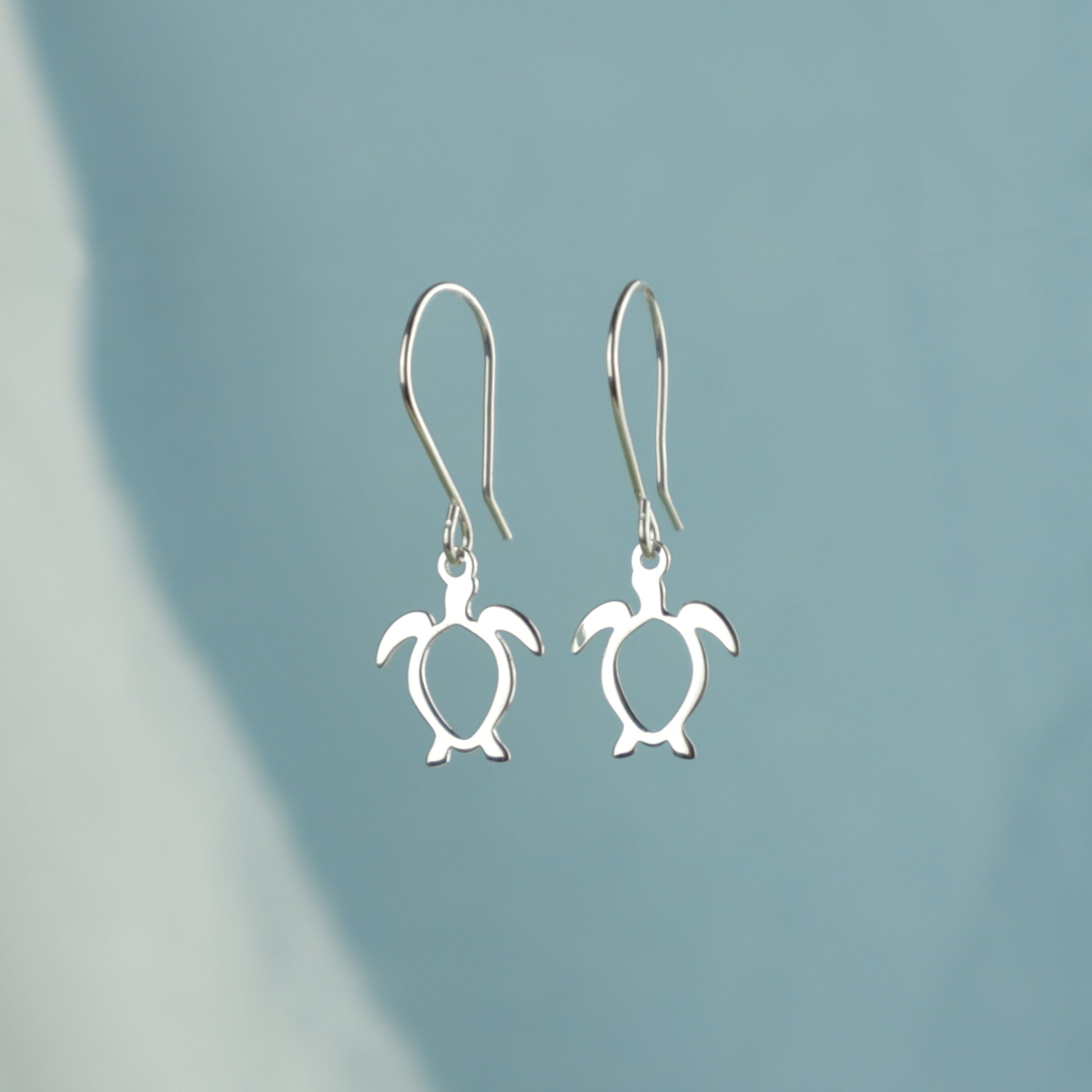 Silver turtle earrings on a light blue background